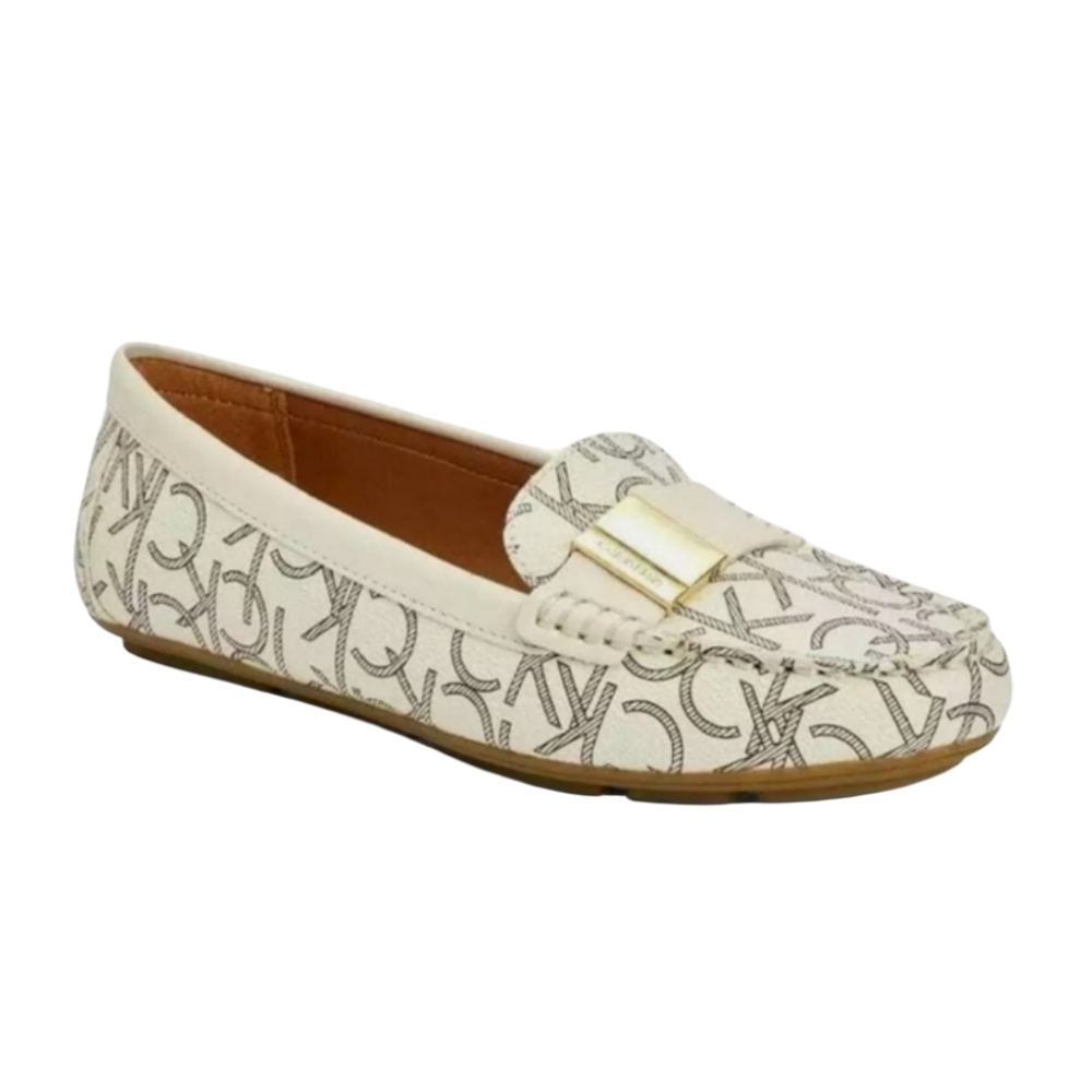 CALVIN KLEIN Cream Lisa Logo Driving Moccasins Loafers White Logo Womens 7.5